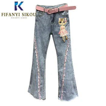 

Cartoon Embroidery Jeans Women Fashion Sequined High waist Jeans Loose Denim Boot Cut Pants Female Washed Jeans Long Trousers