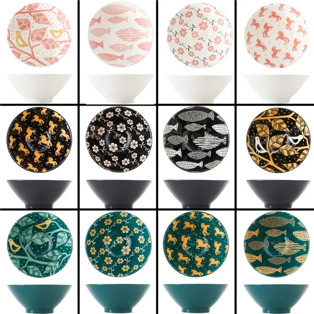

7 inch ceramic wide mouth noodle bowl colored glaze green white black can serve rice soup dessert salad