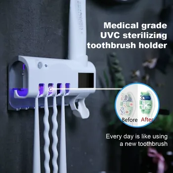 

New Three-in-one Wall Suction Toothbrush Disinfection Rack Automatic Toothpaste Dispenser Wall Mount Toiletries Storage Rack