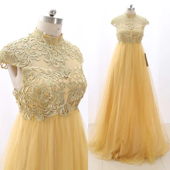 

MACloth Gold A-Line V Neck Floor-Length Long Embroidery Tulle Prom Dresses Dress M 267895 Clearance