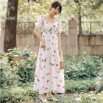 

YOSIMI 2019 Summer Print Long Dress Women Short Sleeve White Chiffon Party Night Fit and Flare Slim Square Collar Ankle-Length