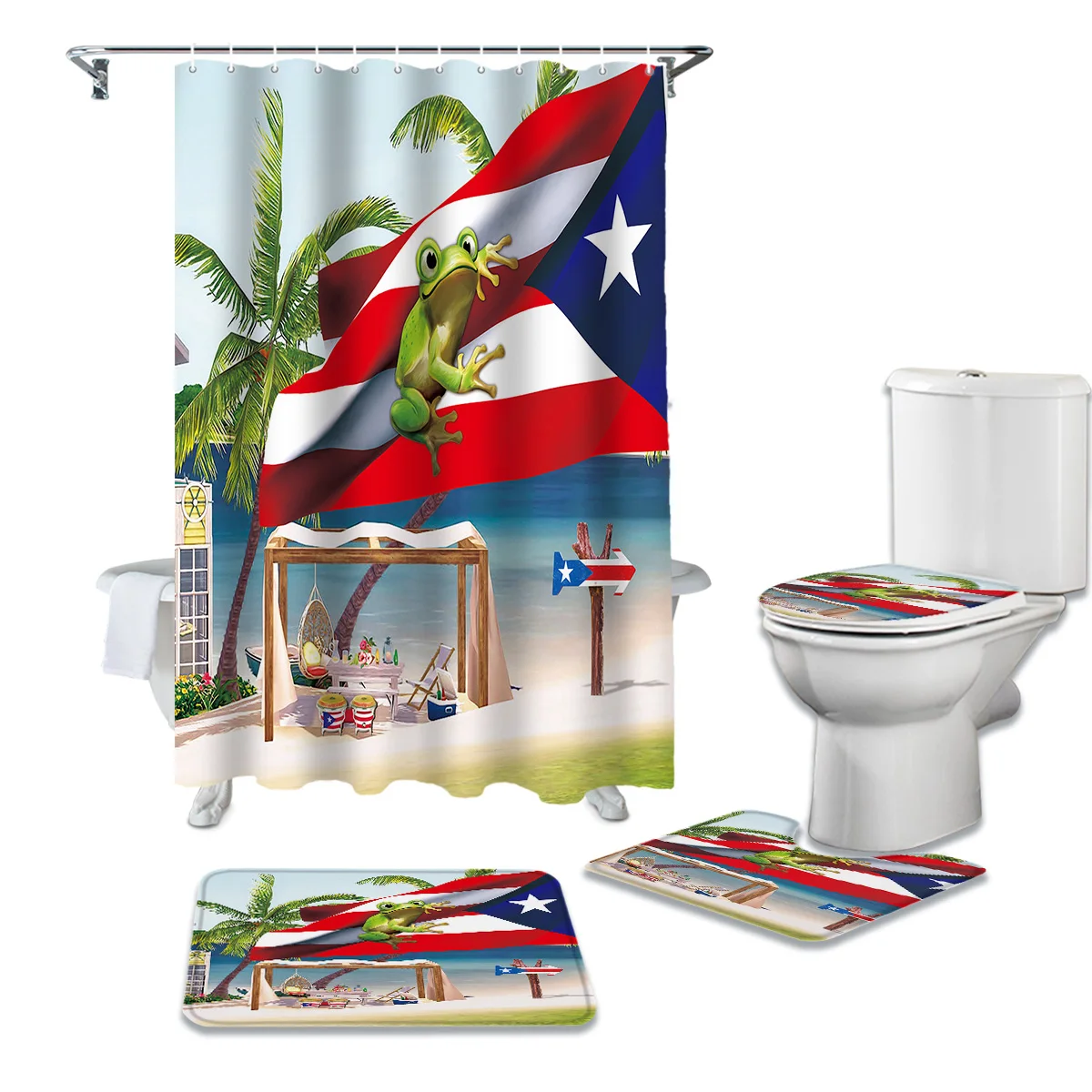 Palm Tree Puerto Rico Flag Frog Beach Durable Waterproof Shower Curtain Set Bathroom Rugs Carpet Toilet Seat Cover Pad Floor Mat | Дом и сад