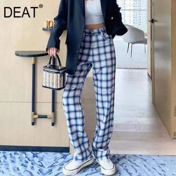 

DEAT 2020 Summer New Vintage High Waist Straight Korea Buttons Trousers High Quality Fashion Trend Ladies Check Harem Pants