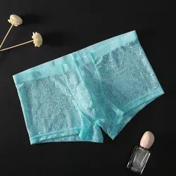 Sexy Men's Lace Boxers Underwear Sheer See Through Boxer Shorts Low Waist Erotic U Convex Underpants Trunks Shorts