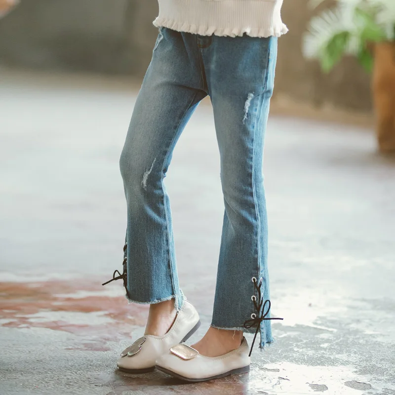 Fashion Spring Autumn Baby Girls Jeans Lace-up Flared Ripped Elastic Waist Trousers Kids Girls Casual Solid Denim Pants