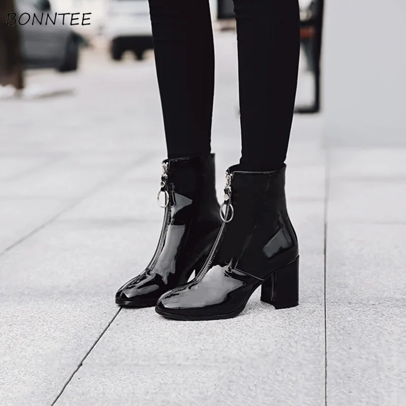 

Boots Women Trendy Zipper Patent Leather Square Toe Ankle Boot Elegant Korean Warm Short Plush Square Heel Shoes Womens Black