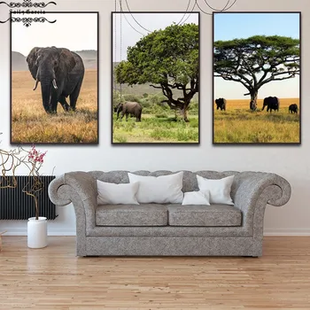 

Natural Scenery Wild Animals Elephant Canvas Painting Savanna Poster Wall Art Pictures for Modern Home Living Room Cuadros Decor