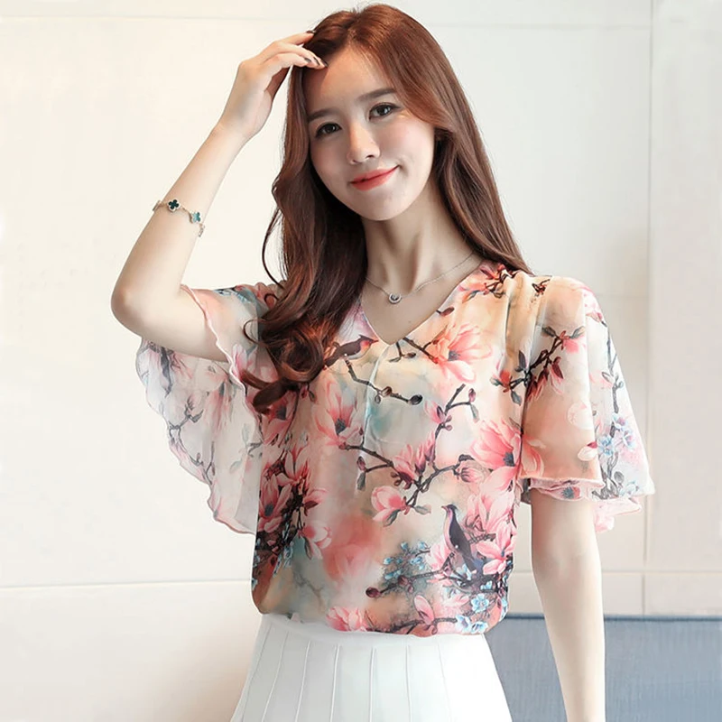 

Women Chiffon Blouses Shirts Lady Summer Style Short Flare Sleeve Flower Printed V-Neck Blusas Tops DF2893