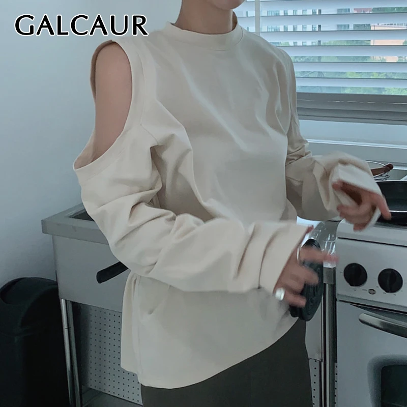 

GALCAUR Hollow Out Off Shoulder Women's Sweatshirt O Neck Long Sleeve Loose Korean Sweatshirts Female 2019 Autumn Fashion New