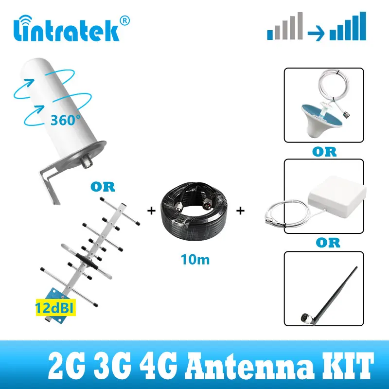 lintratek 2G 3G 4G Outdoor and indoor Antenna kit For GSM LTE 900 1800 2100 Cellular Signal Booster Amplifier Repeater + cable