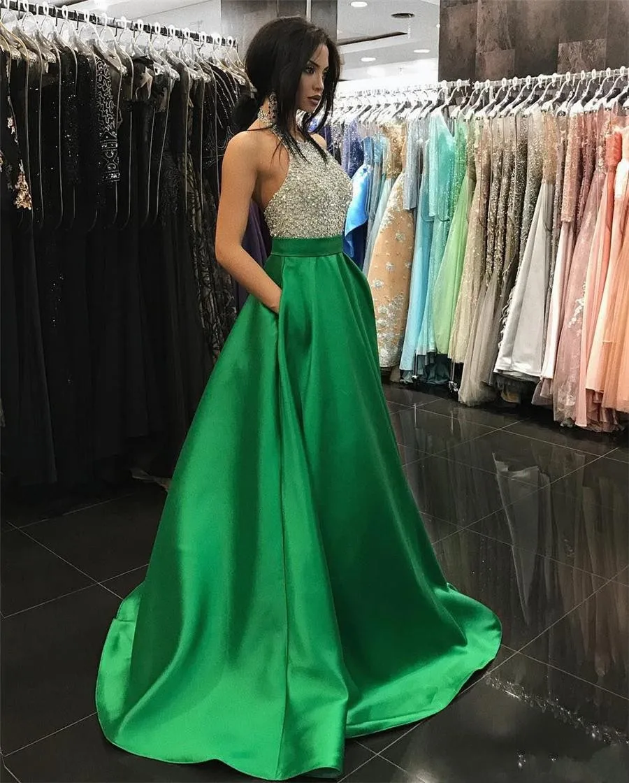 Bling Beading Sequins Green Matte Satin Halter Neck Evening Prom Dresses with Pockets High Quality Formal Party Gowns Vestidos bm short prom dresses 2021 beading plus size formal evening graduation wedding party gown vestidos de gala bm644