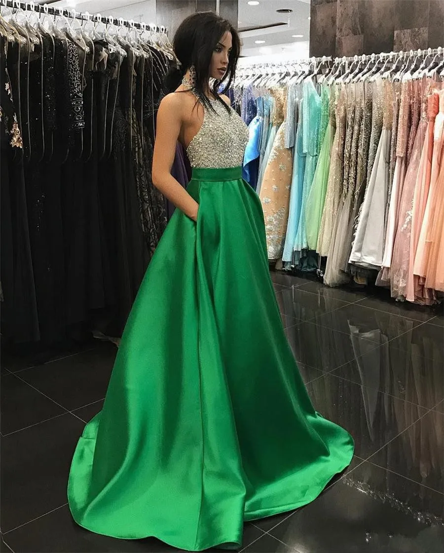 Bling Beading Sequins Green Matte Satin Halter Neck Evening Prom Dresses with Pockets High Quality Formal Party Gowns Vestidos fivsole high quality green prom dress puff sleeves v neck high side slit formal evening gowns long wedding party dress vestidos