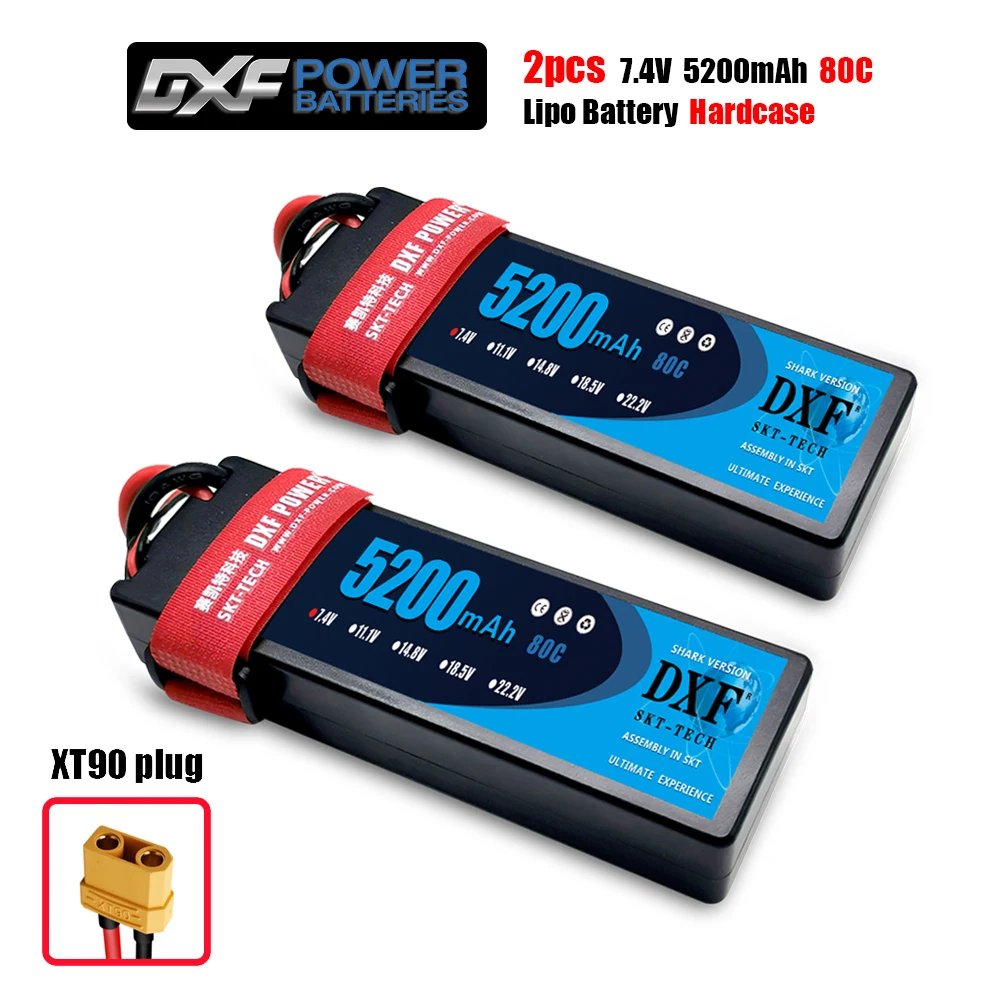 2 шт. DXF 2S 7,4 V 5200 мА/ч, 80C hardcaseLiPo Батарея пакет for1: 10 RC Evader BX автомобиля, на радиоуправлении, радиоуправляемая автомодель трагги RC самолет Бла(беспилотный летательный аппарат квадролет с дистанционным управлением с видом от первого лица - Цвет: XT90