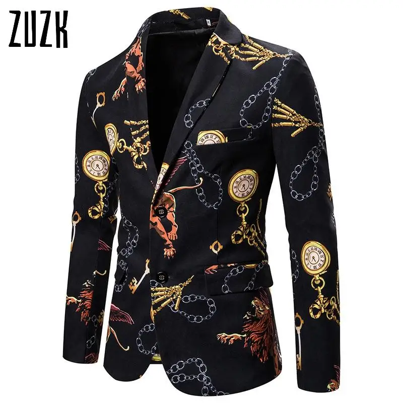 

ZUZK Black Vintage Baroque Floral Blazer Men Brand Nightclub Mens Blazer Jacket Party Wedding Prom Suit Jacket Stage Clothes XXL
