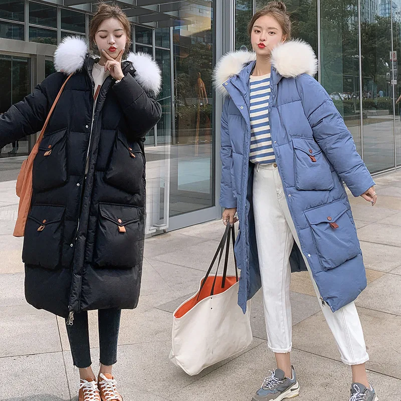 

2019 New Style Mid-length Winter Women Coat Thick Cotton Coat Loose-Fit Cotton-padded Jacket down Coat Hooded Large Fur Collar