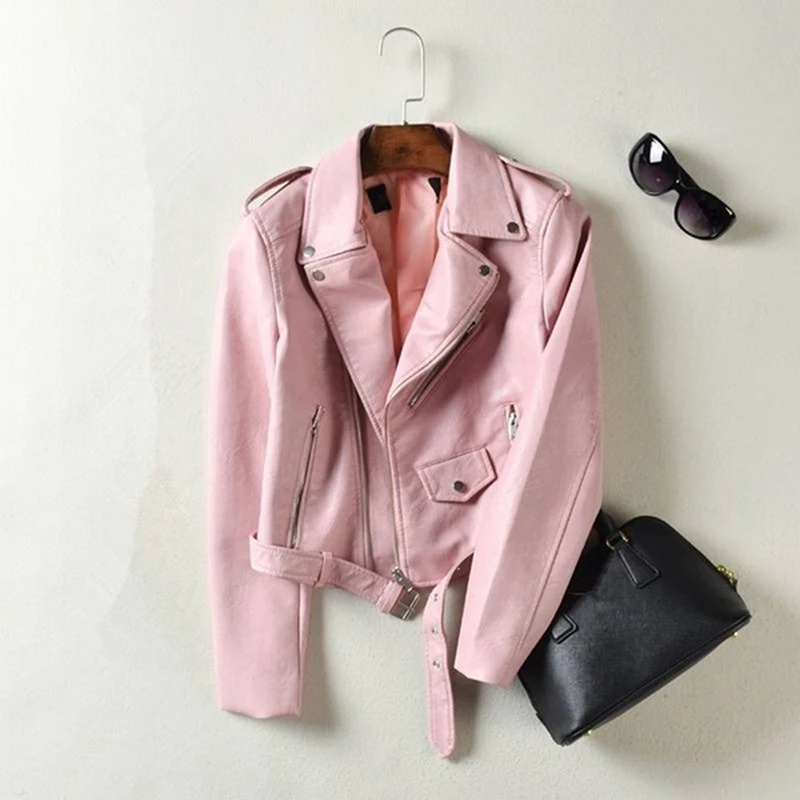 price cut  Pu Leather Jacket Women Fashion Black Motorcycle Coat Short Pu Leather Zipper Basic Coat Turn-down 
