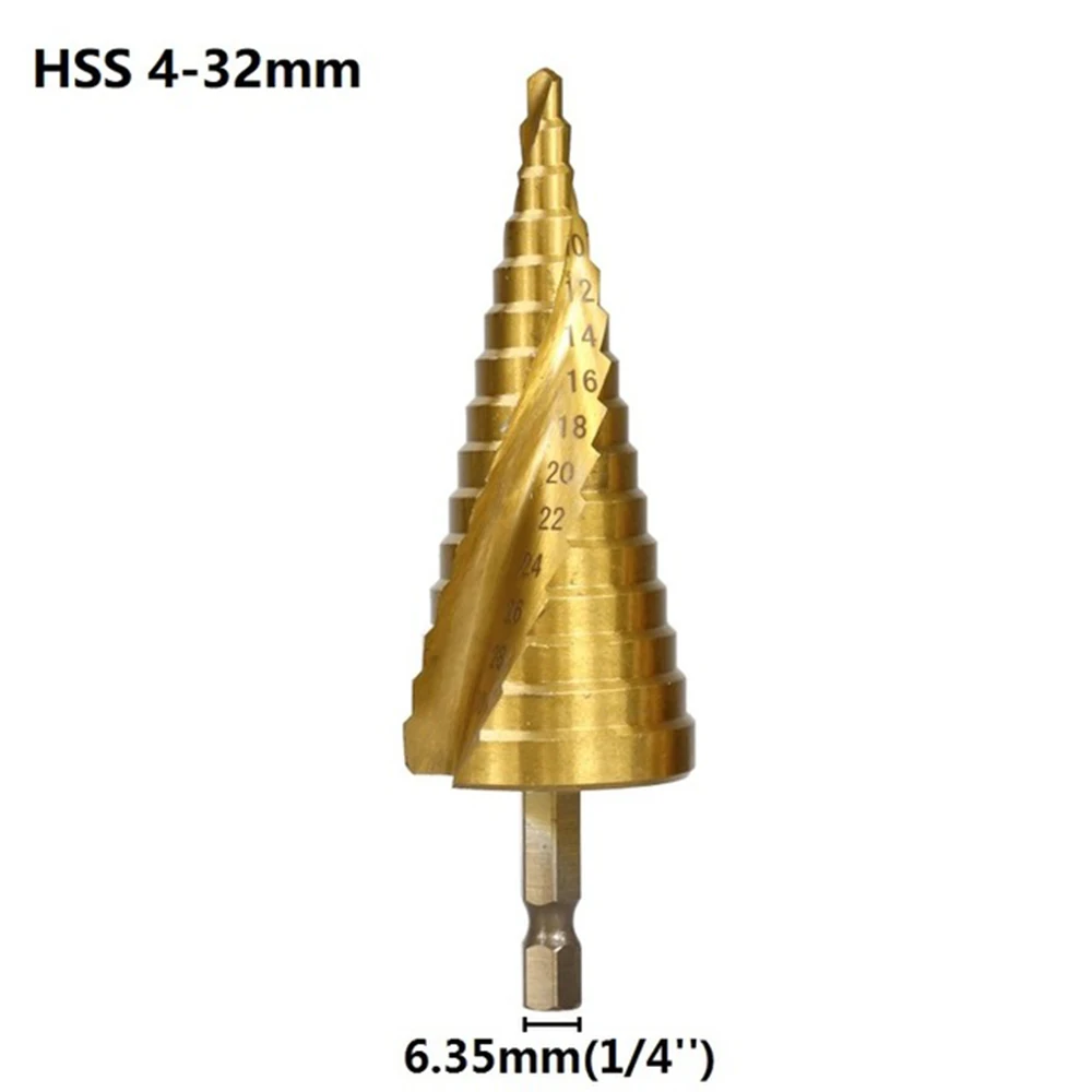 

Titanium Coated Step Drill Bit 4-32mm HSS Wood Metal Hex Shank Hole Cutter Core