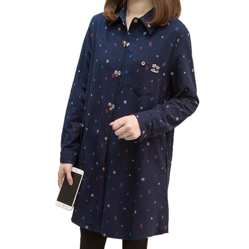 XL-5XL, большие размеры, женские длинные рубашки, осень, длинный рукав, горошек, принт, свободный, Повседневный, матовый хлопок, женские блузки с бантом
