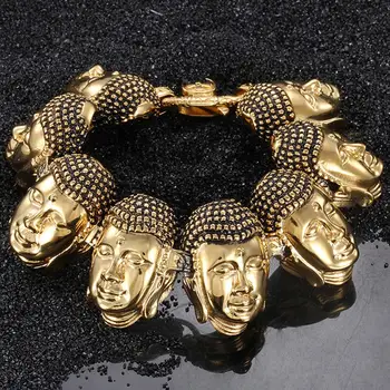 

New Exotic Style Strong Men Jewelry 316L Stainless Steel Gold Color Buddha Head Bracelet 22cm*34mm Huge Heavy 138g High Quality