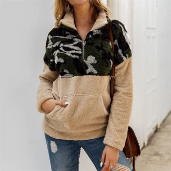 

3 Color Fleece Sweater Fashion Camo Patchwork Fluffy Thick Sweaters Warm Zipper Pullovers Women Winter Clothes Coat Sherpa Tops