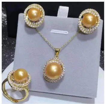 

Light golder 14mm pearl pendant Necklace Earrings Ring Set Fine Bridal wide Collier Halsketten Big Sweater chain women queen