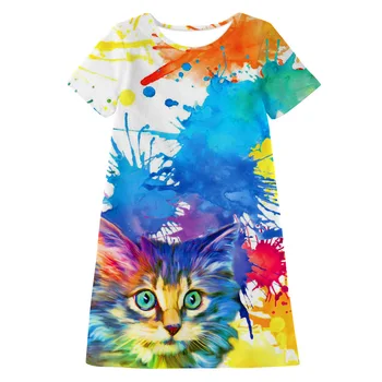 

Fashion 2020 Summer Teen Girl Cat Print Dress Soft Fabric Short-Sleeve Kids Dress for Girls 8 10 12 Years Children Clothes