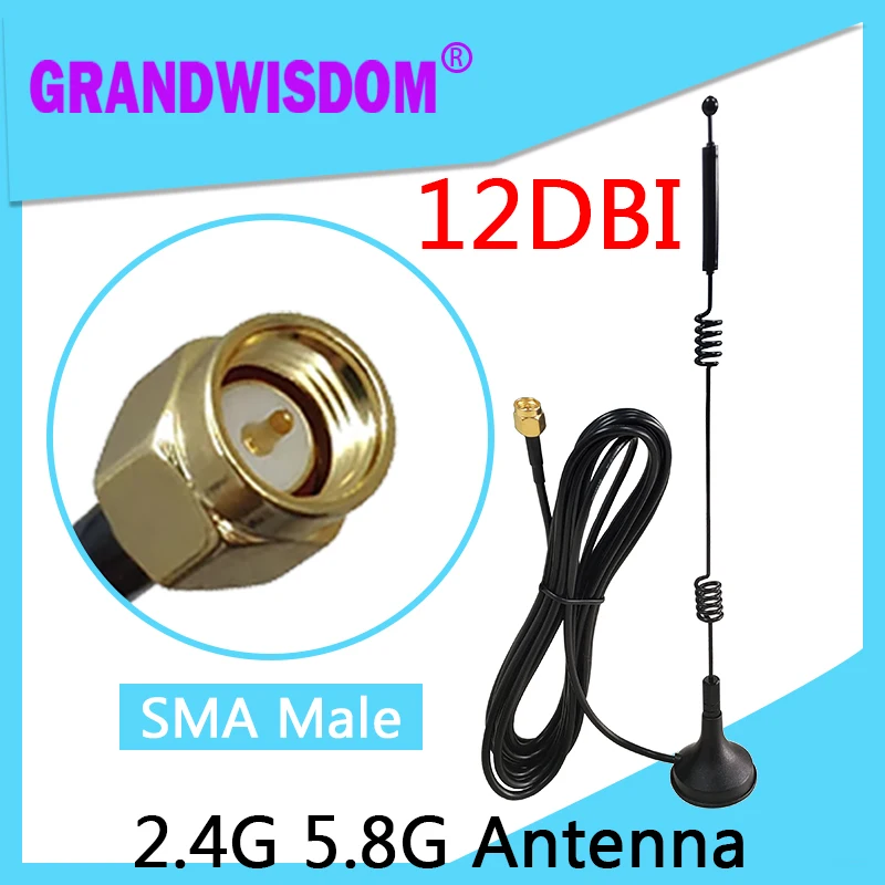 GRANDWISDOM 1pcs 2.4g 5.8g antenna 12dbi sma male wlan wifi dual band antene iot module router tp link antena high gain single polarity c band lnb and one dual polarity feedhorn in a set 5150mhz high quality hidh gain full hd