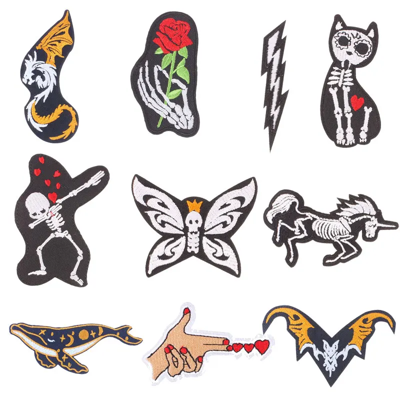 

Beautiful Rose Flower Patch Skull Stickers Iron on Clothes Heat Transfer Applique Embroidered Application Cloth Fabric Patches