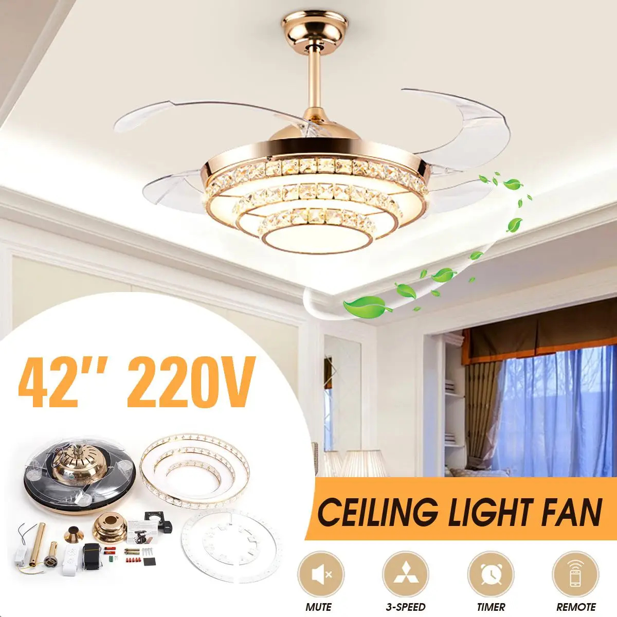 

Crystal 220V 65W 42'' Retractable LED Chandelier Ceiling Light 3 Speed Remote Control Blade Fan Lamp