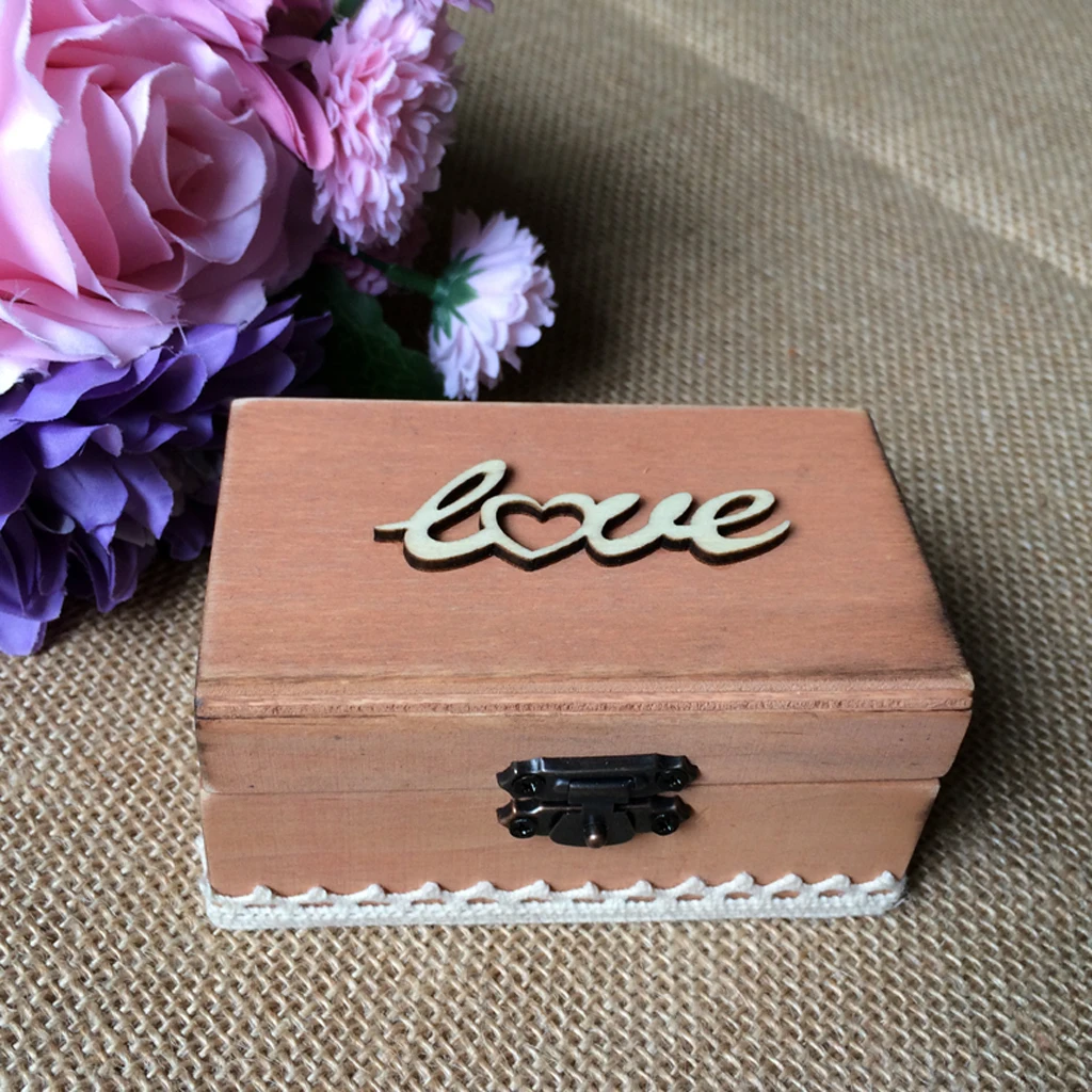

Vintage Love Wooden Ring Box Wedding Ring Bearer Box with Burlap Roll Pillow