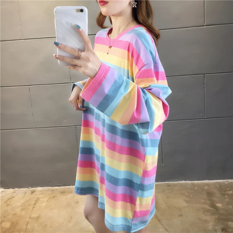 Fall Harajuku Kawaii Oversized T Shirt Women Autumn Rainbow Striped Shirt For Girls Long Sleeve Korean tshirt Ladies Tops