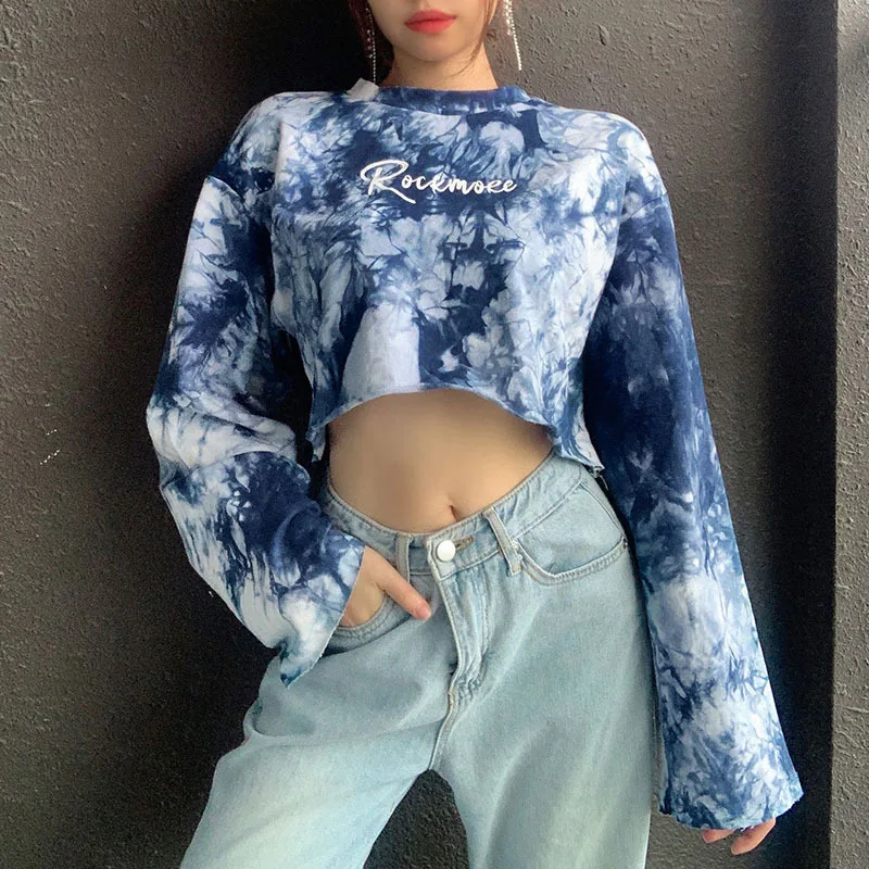 

WANYUCL street style tie-dye printing loose top women 2020 autumn and winter European style round neck long sleeve top