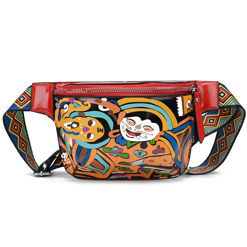 

2019 New Style Fashion Korean-style Color Cartoon Spray-print Square Sling Bag Women's PU Waist Bag Oblique Bag