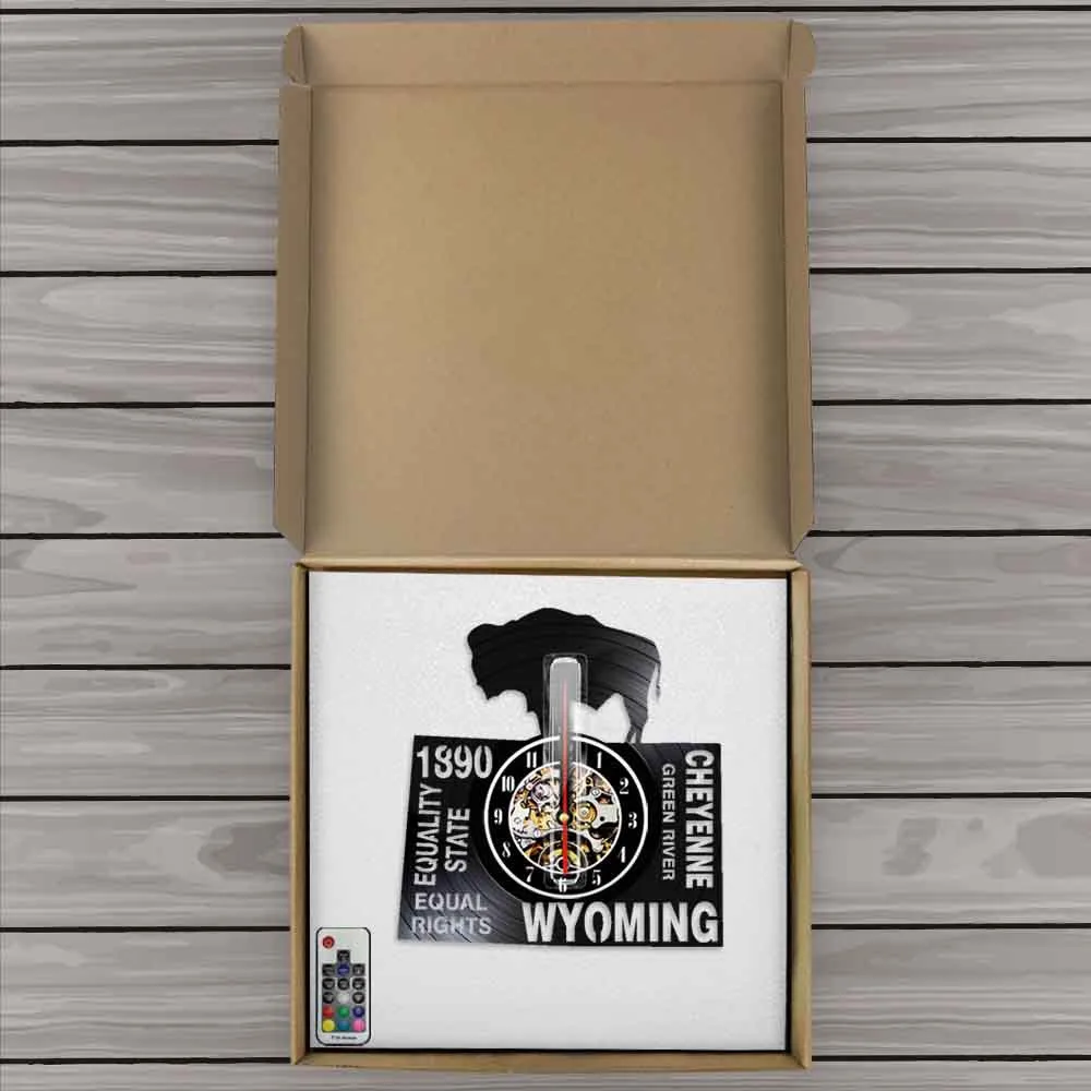 US Wyoming State Established 1890 Equal Rights Led Light Lamp Cheyenne Green River Rustic Vinyl Record Wall Watch Clock