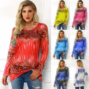 

2020 Spring Women Printed Long Sleeve Slim Plus Size Round Collar Bottoming T-shirt