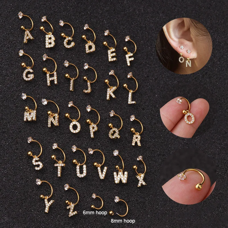 1PC Small Cute 26 English Letter Zircon Pendant Cartilage Earrings Stainless Steel Initial Ear Puncture Helix Piercing Earring | Украшения