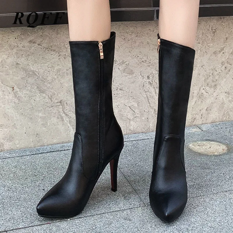 

2019 New Plus Size 44 45 46 Autumn Winter Mid-Calf Boots Women Fashion Platform Super High Heel Shoes Woman Pu Leather Pathwork