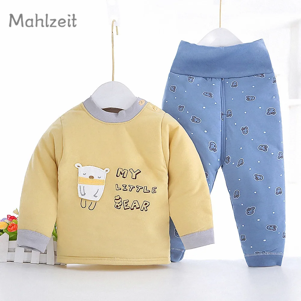 Осенне-зимний детский комплект из 2 предметов, теплая пижама из хлопка для маленьких мальчиков и девочек 6-36 месяцев, Детские комплекты из футболки с длинными рукавами+ длинных штанов