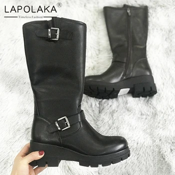 

Lapolaka New Fashion 2020 Chunky Heels Comfortable Shoes Woman Boots Female Zip Up Concise Buckle Decoration Mid Calf Boots