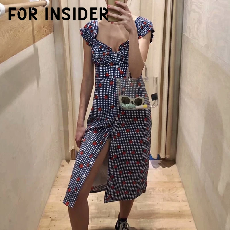 

For Insider Bohemian print vintage plaid long dress Women short sleeve summer beach dress Casual slim sexy midi dress chiffon