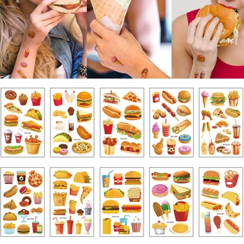 

Hamburger Tattoo Sticker Waterproof Sweatproof Cate Chip Cream Fast Food Party Design Temporary Body Transfer Tattoo for Kid Toy