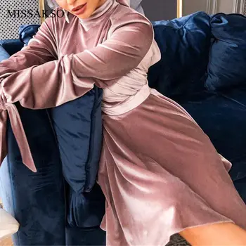 

Missakso Women Autumn Velvet Dress Backless Party Long Sleeve Tunic Bow Tie Club Casual Turtleneck Mini Dresses