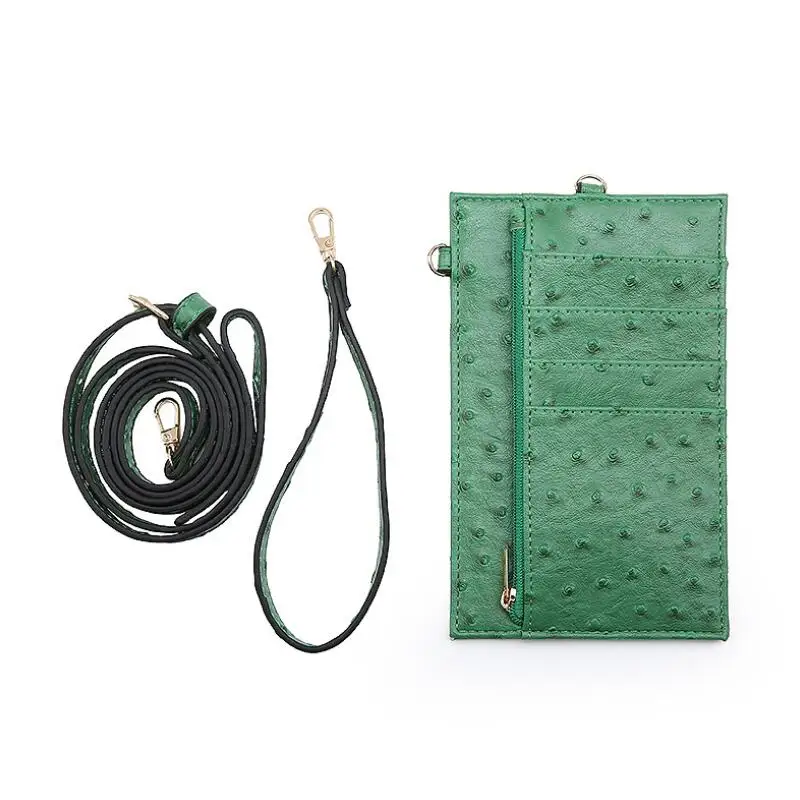 

New Ostrich Grain Phone Bag Women Card Holder Genuine Leather Zipper Phone Wallet Female Zipper Neck Wallet Mobile Phone Bag