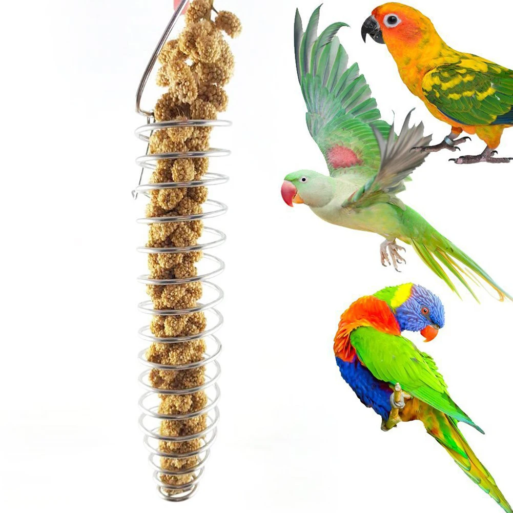 Stainless Steel Food Vegetables Container Bird Feeder Basket Spiral Parrot Fruits Device Cage