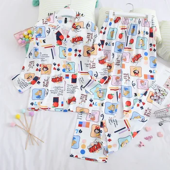 

Autumn Newerst Satin Pajamas for Ladies Long-sleeved Long Trousers Home Clothes Cute Sweet Printing Sleepwear Pajamas for Women