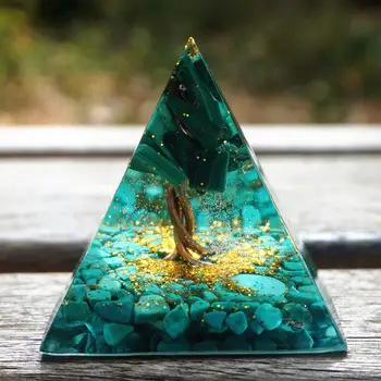 

Handmade Tree of Life Orgone Pyramid 50mm Malachite with Turquoise Crystal Reiki Energy Healing Natural Stone ORG095 150g 5cm