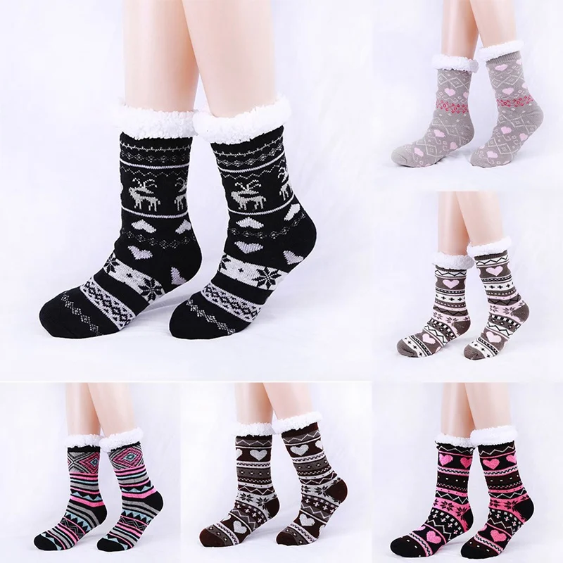 Women Warm Slipper Socks Soft Warm Fleece Lined Non Slip Winter Socks