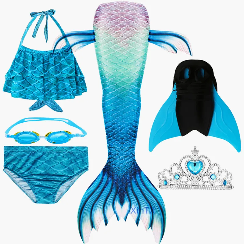 

6 Colors Kids Girls Emerald Mermaid Tails with Fins Goggle and Crown Swimming Mermaid Bathing Suit Cosplay for Girls Costume