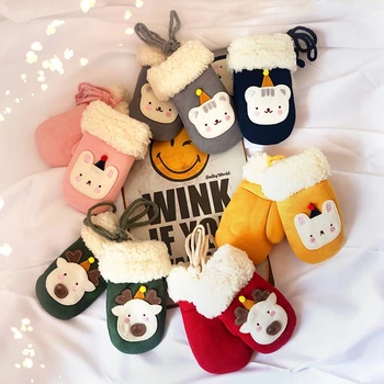 

4-10Y Kids Boy Girl Mittens Christmas Cartoon Thicken Full Finger Warm Knitted Neck Hung Gloves 2019 New Winter Woolen Guantes