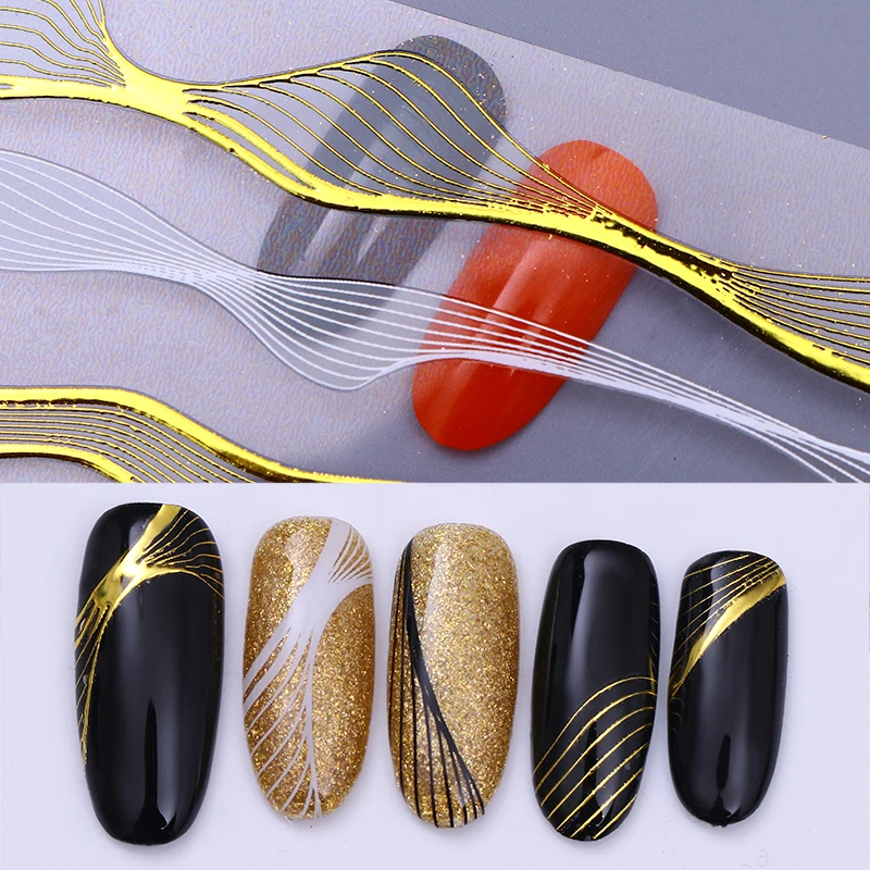 1 лист стикер для дизайна ногтей Лазерная золотая металлическая полоса с волнообразными линиями лента самоклеющийся клейкий трансферный фольги 3D DIY Наклейка гель Советы Украшение